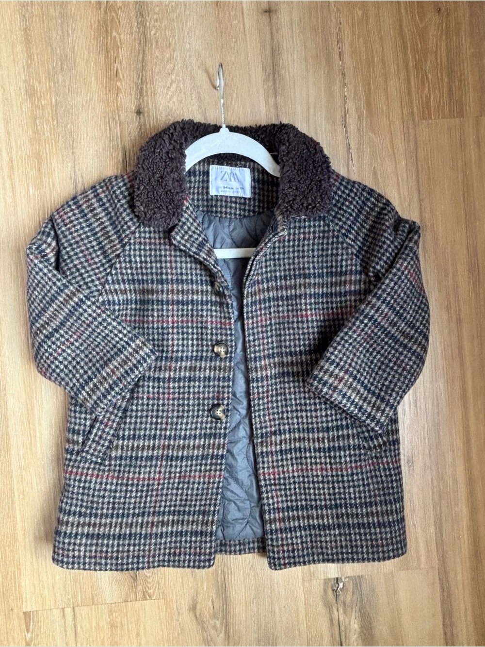 Zara Kids Brown and Black Houndstooth Coat with Subtle Red Accent